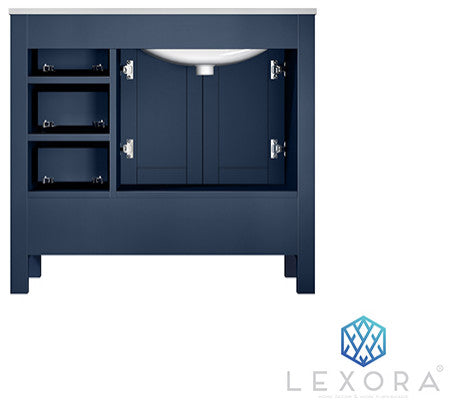 Jacques 36" Vanity, Wht Carrara Marble Top w/ 34" Mirror, Navy Blue, Left