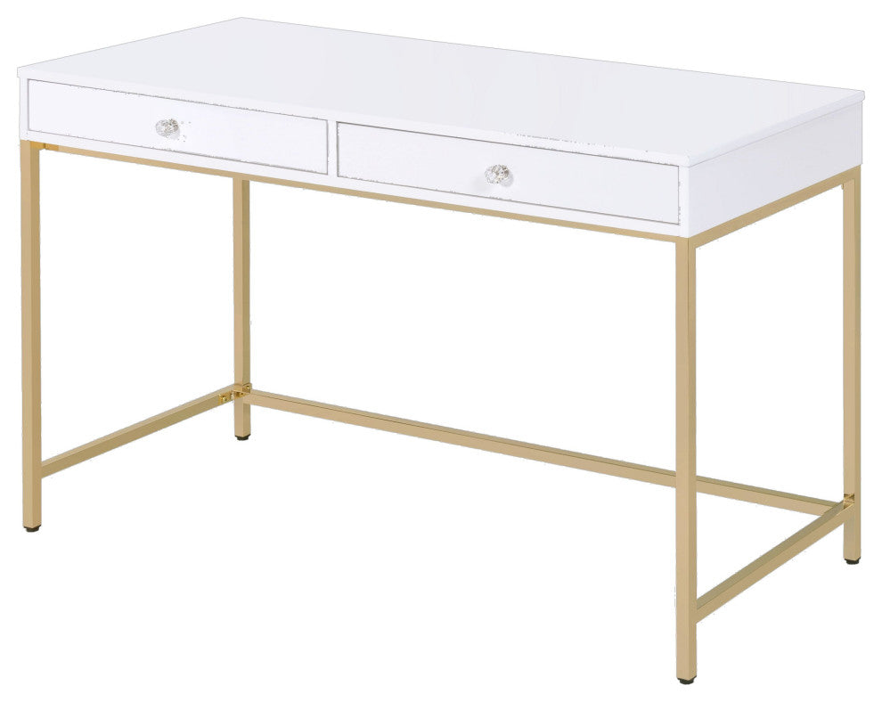 ACME Ottey Vanity Desk, White High Gloss and Gold Finish