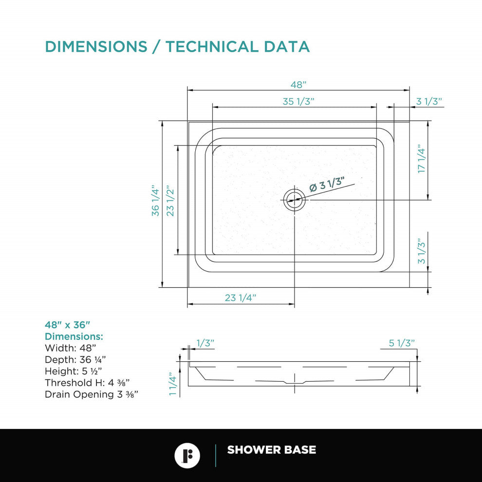 Fine Fixtures Double Threshold Acrylic Shower Base, 48 X 36, Left Hand