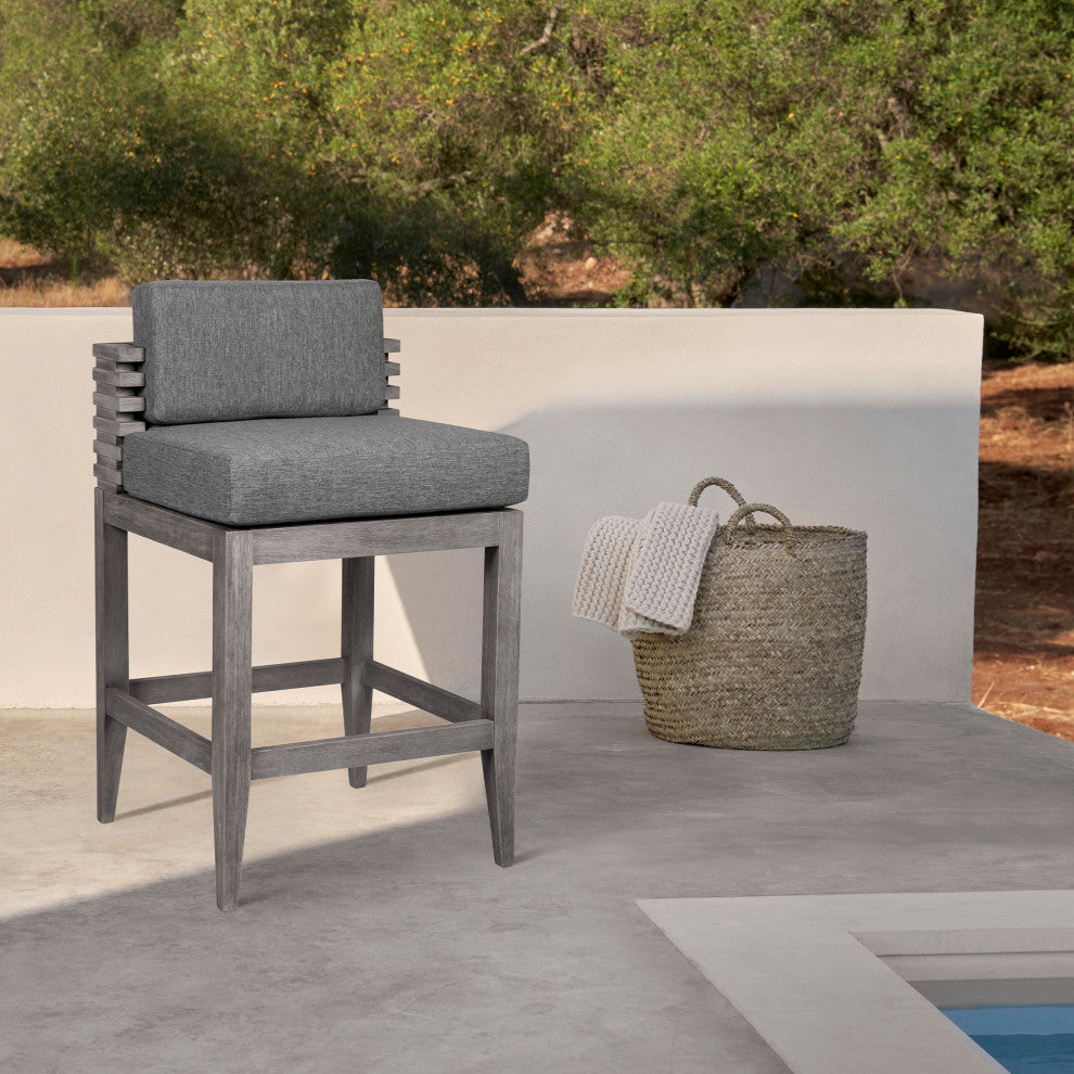 Vivid Outdoor Patio Bar Stool, Gray Eucalyptus Wood With Gray Olefin Cushions