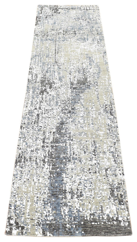 Beige, Modern Abstract Design, Hand Knotted Pure Wool, Runner Rug, 2'6"x10'1"