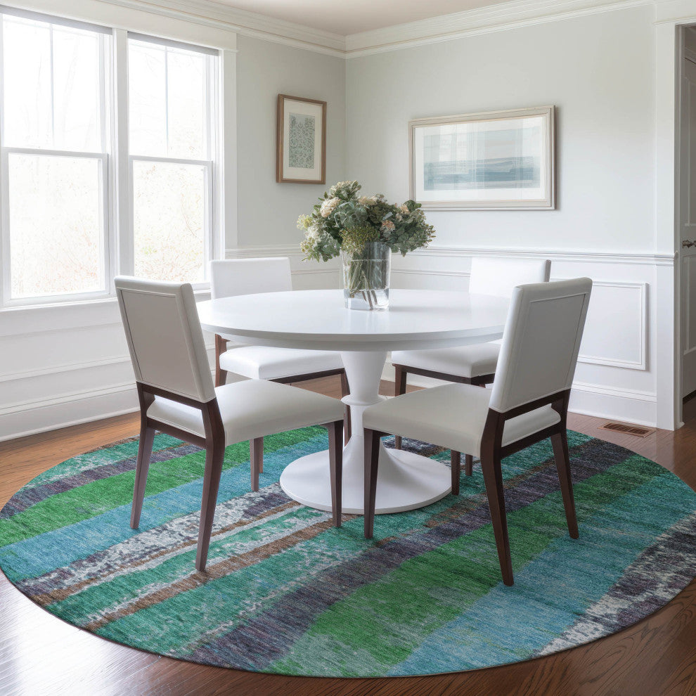 Machine Washable Indoor/Outdoor Chantille ACN1910 Teal 8' x 8' Round Rug