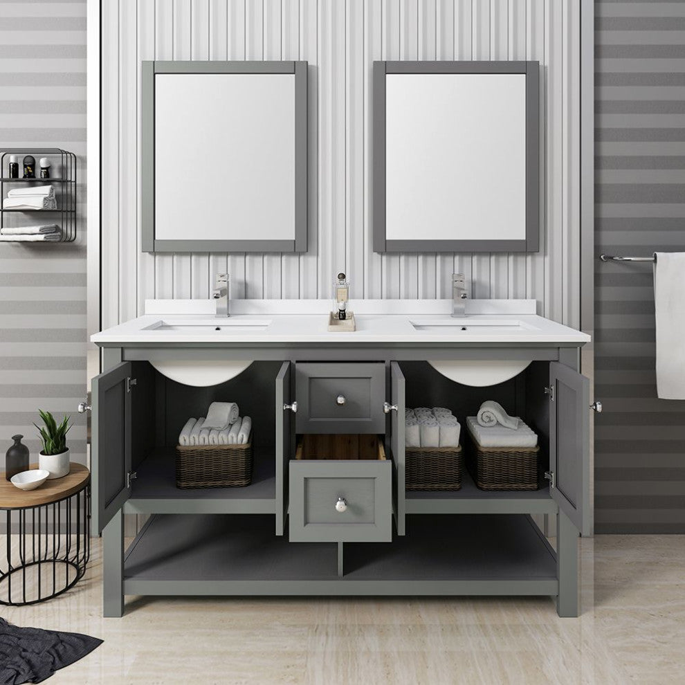 Manchester Regal 60" Gray Wood Veneer Double Sink Vanity Set, Faucet-Fft3111ch