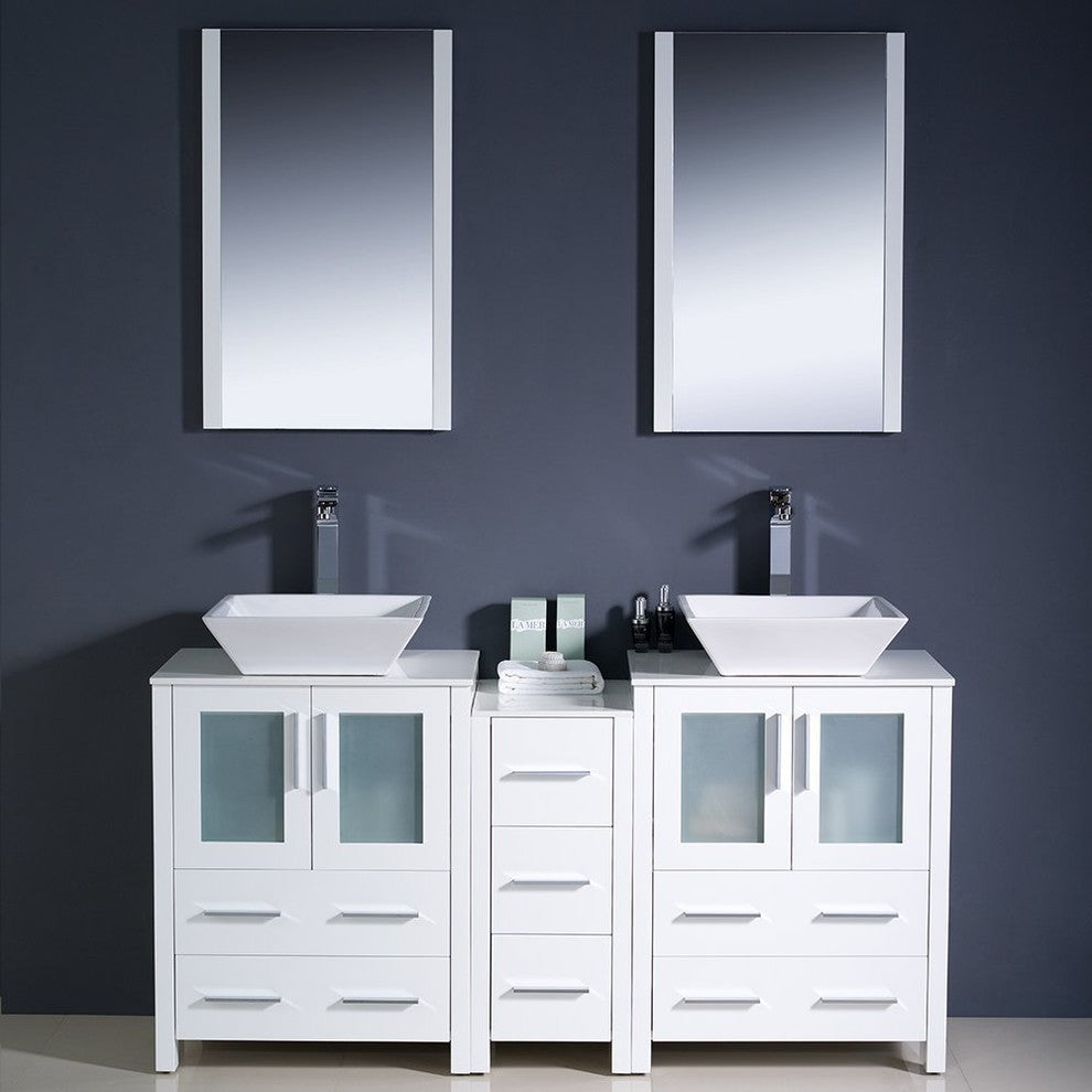 Torino 60" White Modern Double Sink Bathroom Vanity, Faucet FFT9152CH