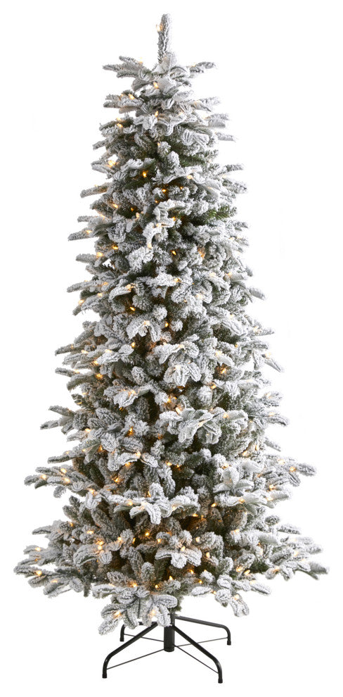 7' Flocked North Carolina Fir Faux Xmas Tree W/550 Lights & Bendable Branches