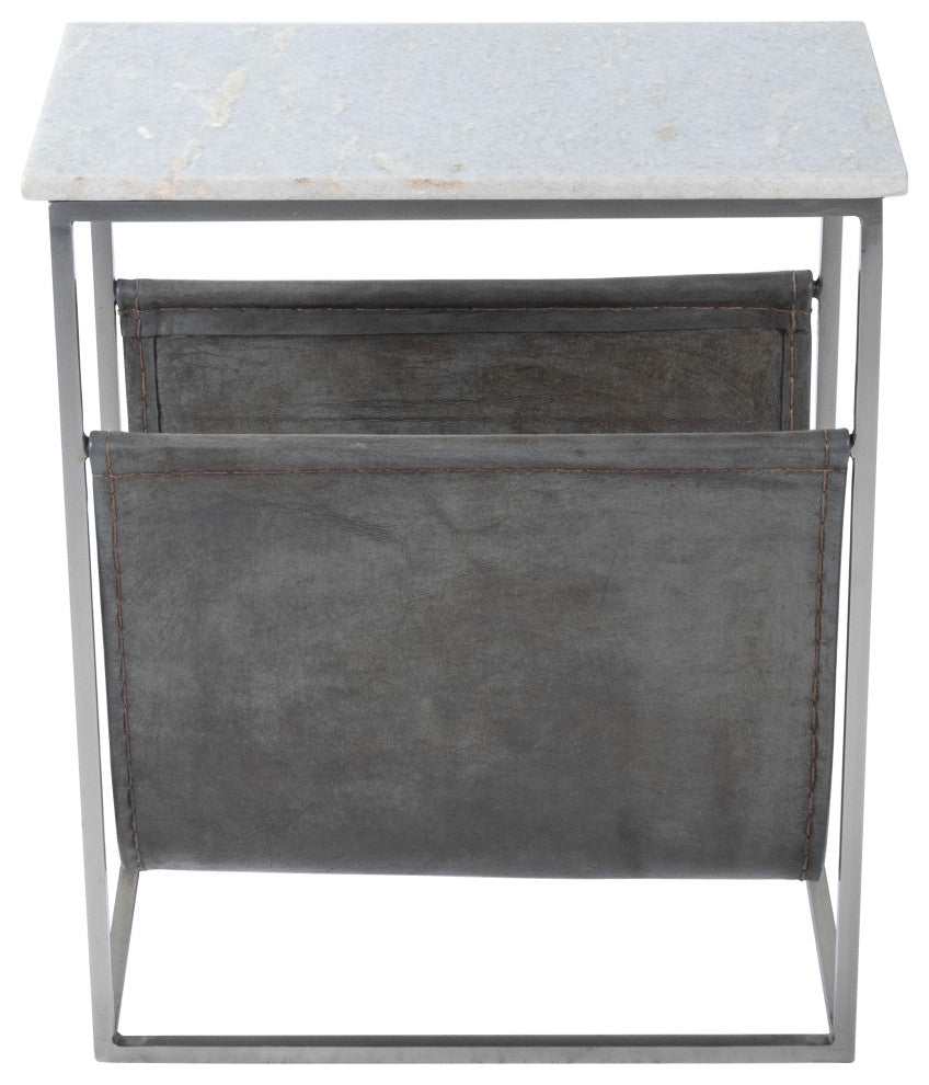 Edie Marble and Leather Magazine Side Table, Off-White