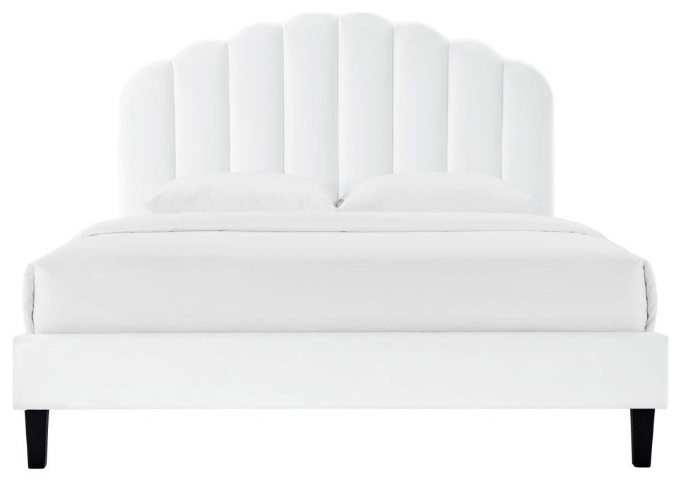 Platform Bed Frame, King Size, White, Velvet, Modern, Bedroom Guest Suite