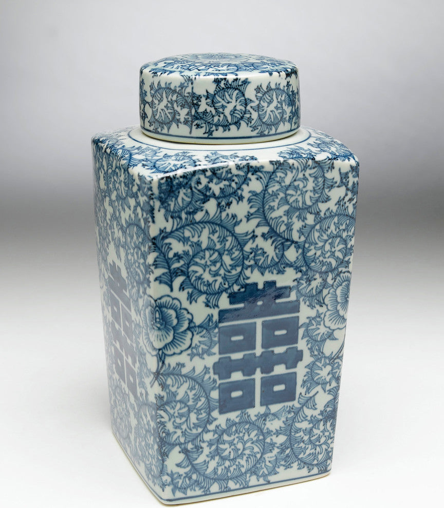 Antiqued Pale Green and Blue Square Jar With Lid