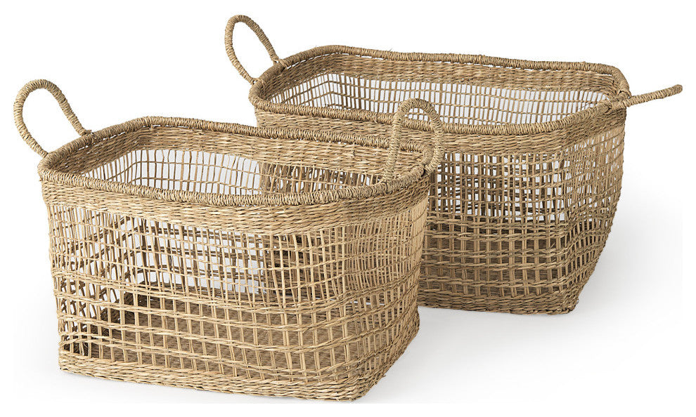 Bellisa Medium Brown Seagrass Rectangular Basket With Handles, 2-Piece Set