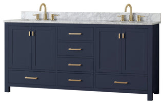 Avanity Modero Bath Vanity in Navy Blue, 72", Double Sink, Carrara White Marble