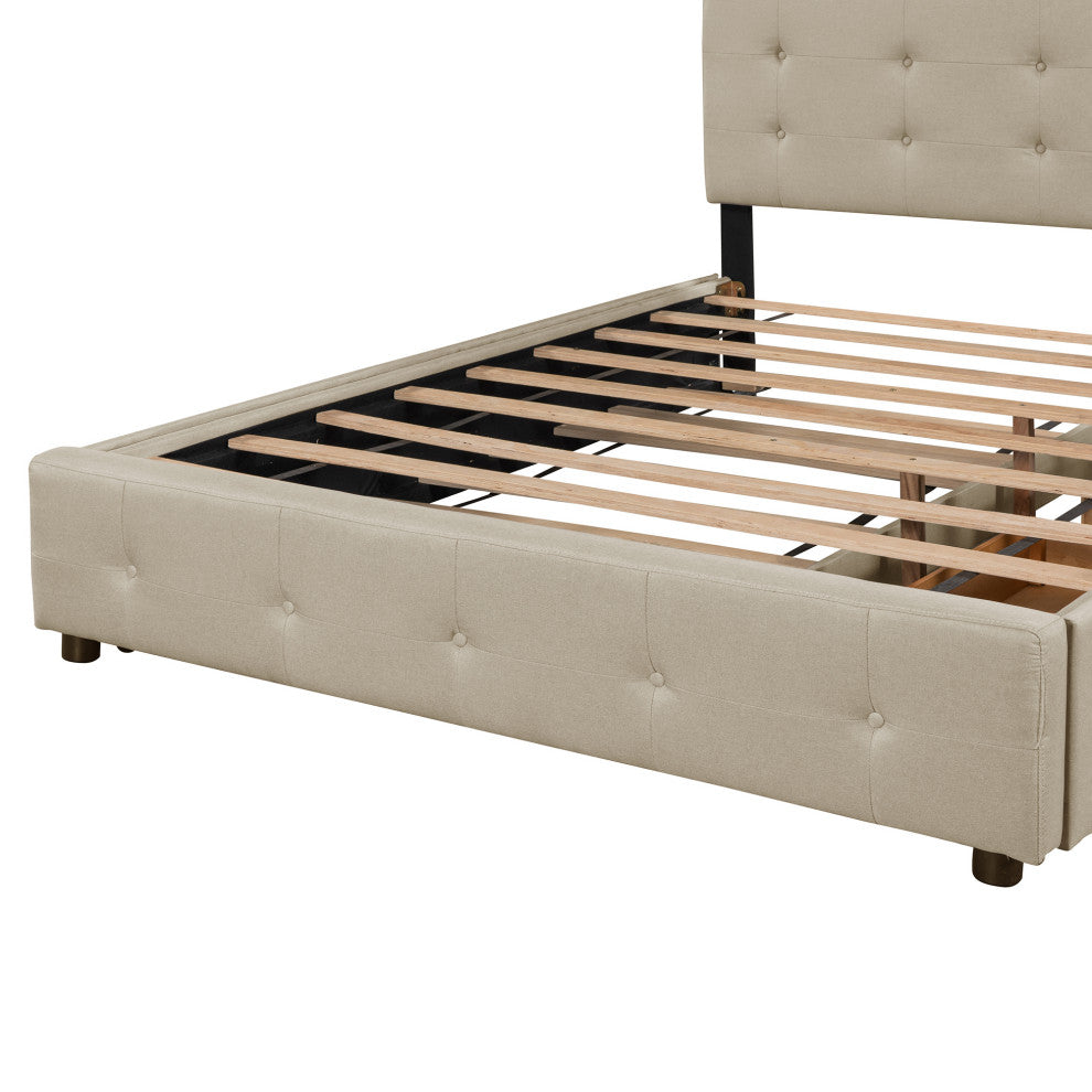 Queen Wood Frame Platform Bed with Drawers and Twin XL Trundle, Beige, Queen