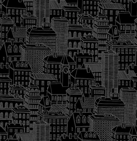 Illustrated Cityscape Wallpaper, Black & Gray, Bolt