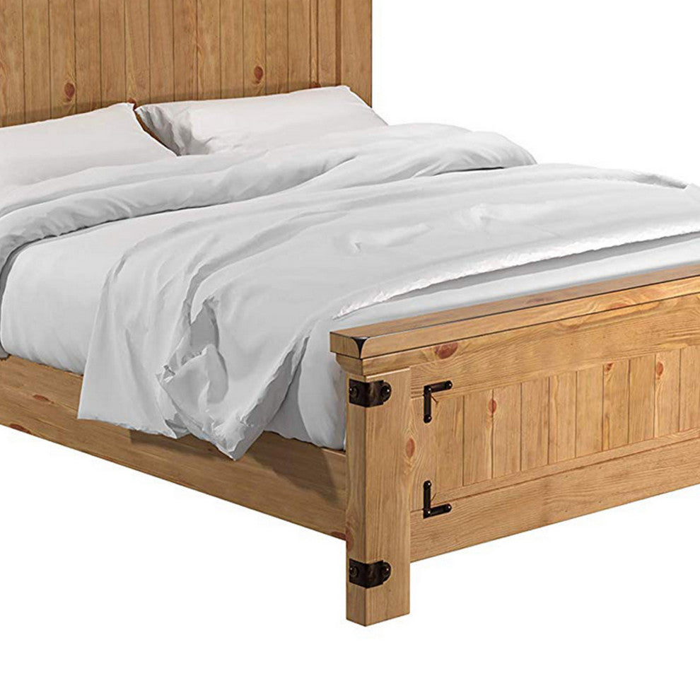 Benzara BM217449 Cottage Style Plank Queen Size Bed With Metal Accents, Brown