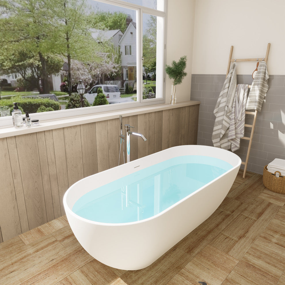 Ryder Flatbottom Freestanding Solid Surface Soaking Bathtub, Matte White, 69inch