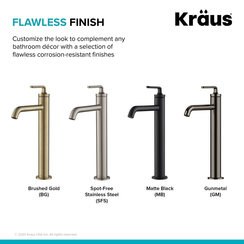 Kraus Ramus Single Handle Vessel Faucet, Pop Up Drain, Brushed Gold