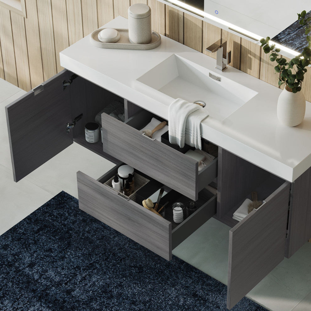 Boutique Bath Vanity, Vulcan Ash Gray, 60", Single Sink, Wall Mount