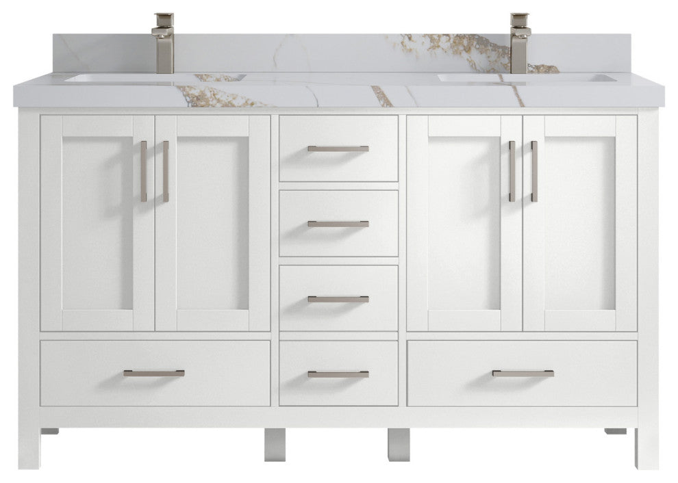 Malibu 60 Double Sink Bathroom Vanity in White  2" Calacatta Gold