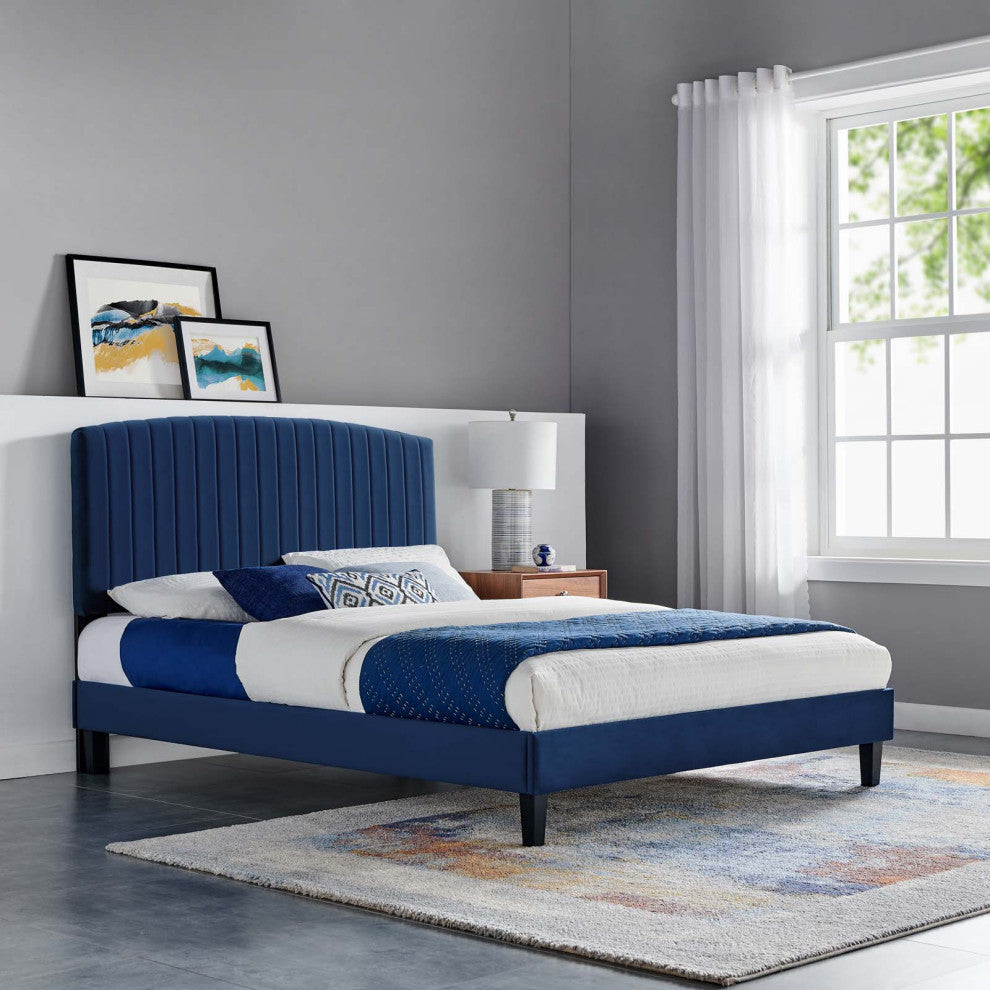 Platform Bed Frame, King Size, Blue Navy, Velvet, Modern, Bedroom Guest Suite