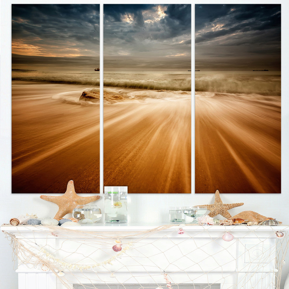 "Stormy Sea With Waves Flowing Out" Beach Metal Wall Art, 3 Panels, 36"x28"
