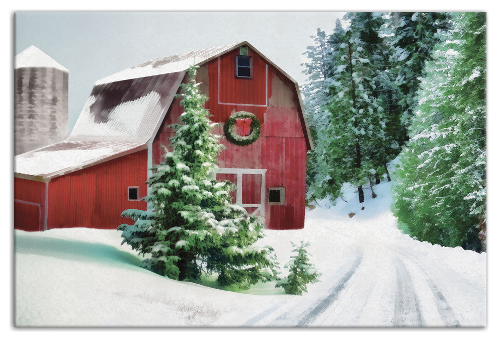 Painted, Snowy Red Barn 30x20 Canvas Wall Art