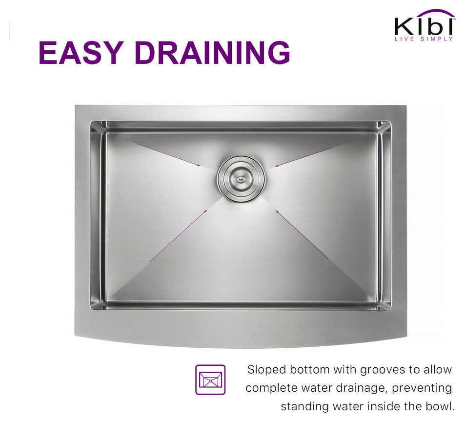 KIBI Handcrafted Farmhouse Apron Single Bowl Stainless Steel Kitchen Sink, 30"