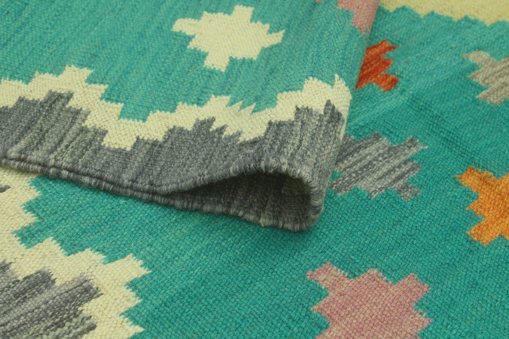 Sangat Flatweave Bachir Turquoise/Red Rug, 4'3 x 5'10