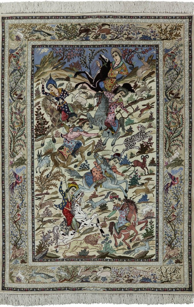 Hunting Scene Hand Knotted Wool/Silk Signed Authentic Persian Isfahan Rug, 5x8