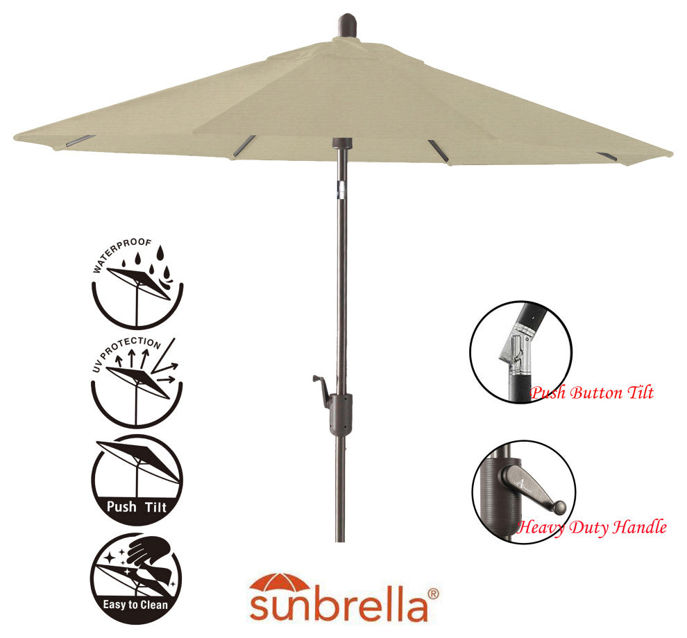 9' Round Push Tilt Market Umbrella, Antique Bronze Frame, Antique Beige