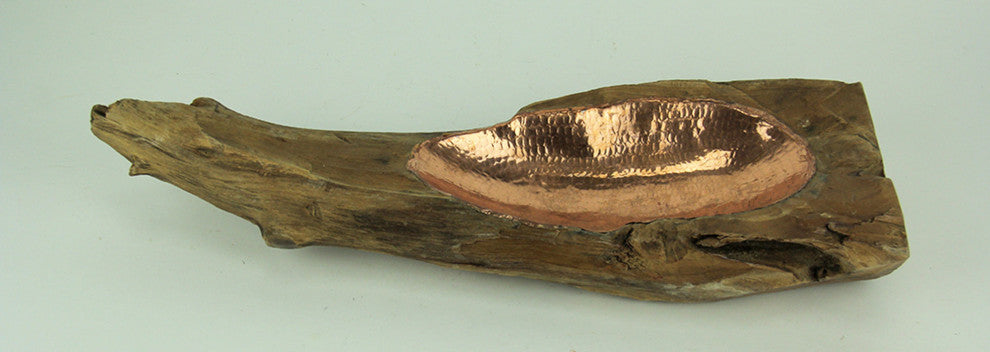 Hand Crafted Teak Wood and Hammered Copper Long Decorative Bowl