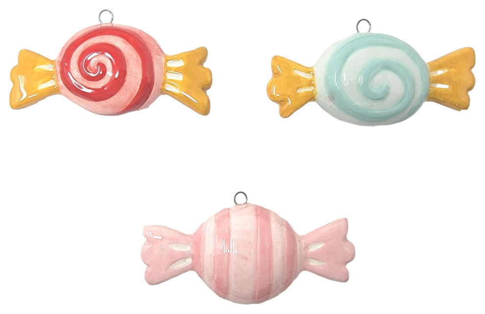 Set of 3 Striped Ceramic Candy Ornaments Bonbon Old Fashioned Vintage Style, Red Swirl/Blue/Pink