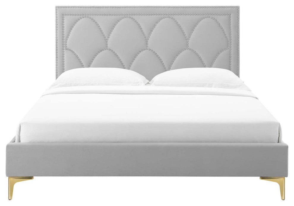 Platform Bed Frame, Nailhead, Queen Size, Gray, Velvet, Modern