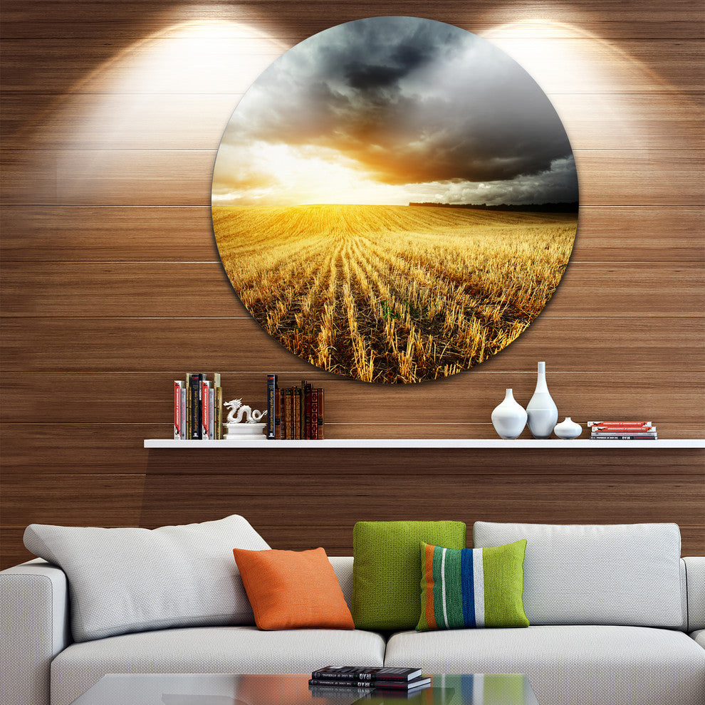 Storm Dark Clouds Over Wheat Stems, Landscape Round Wall Art, 23"