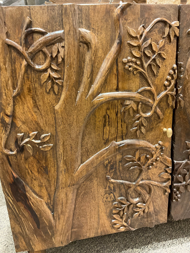 Mother Nature 60" Solid Wood Sideboard Hand Carved Peacock Bird Front Doors