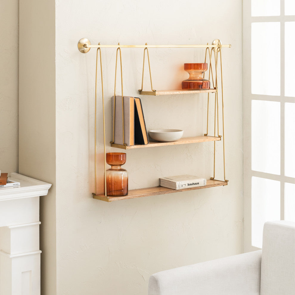 Luna Three Tier Wall Mounted Shelf, Gold, Natural Wood