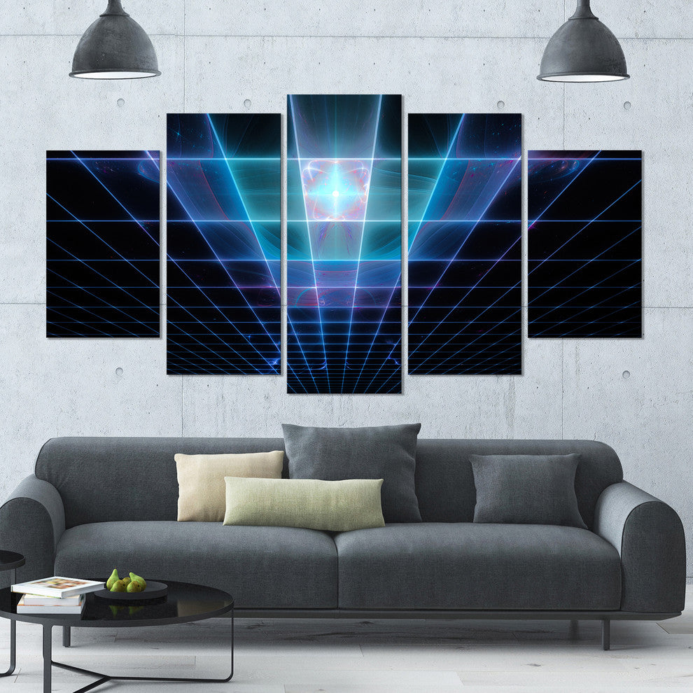 Blue Laser Protective Grids, Contemporary Canvas Art Print, 60"x32", 5 Panels