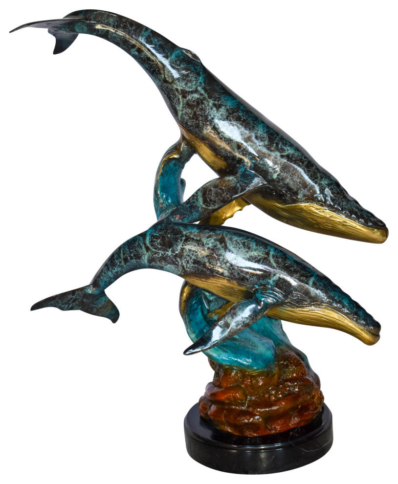 Pair of Humpback Whales Swimming in The Ocean Bronze Statue  20" x 10" x 25"H