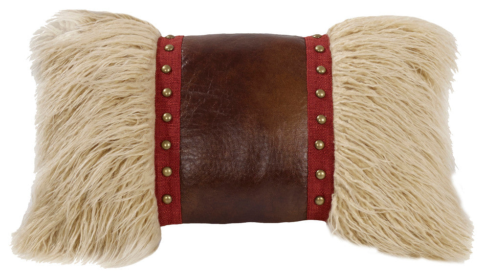 Mongolian Fur Pillow with Faux Leather and Stud