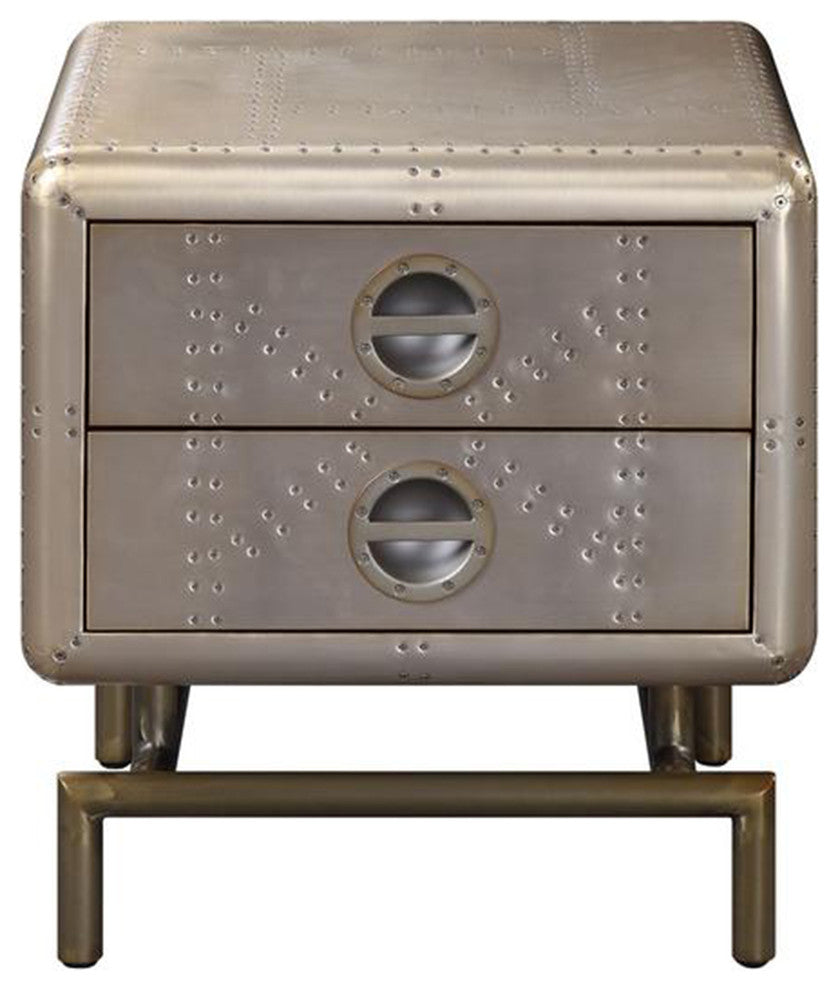 Trunk Design Wooden End Table with Aluminum Patchwork and Metal Stand, Gold