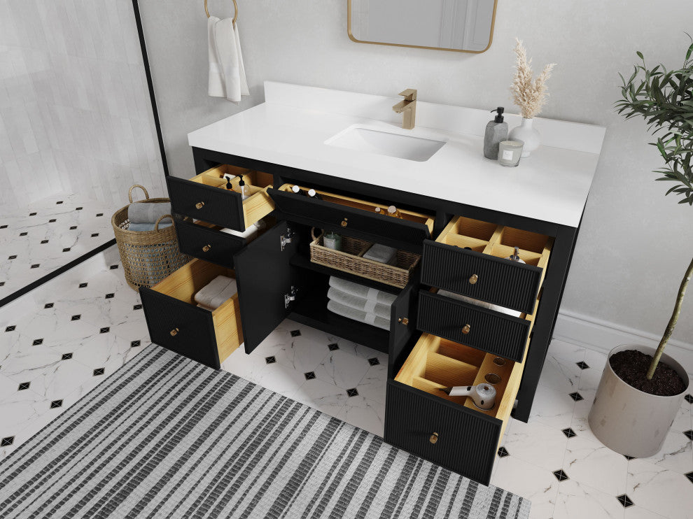 Sonoma 60 Single Sink Reeded Bathroom Vanity in Black 2" Carrara Quartz