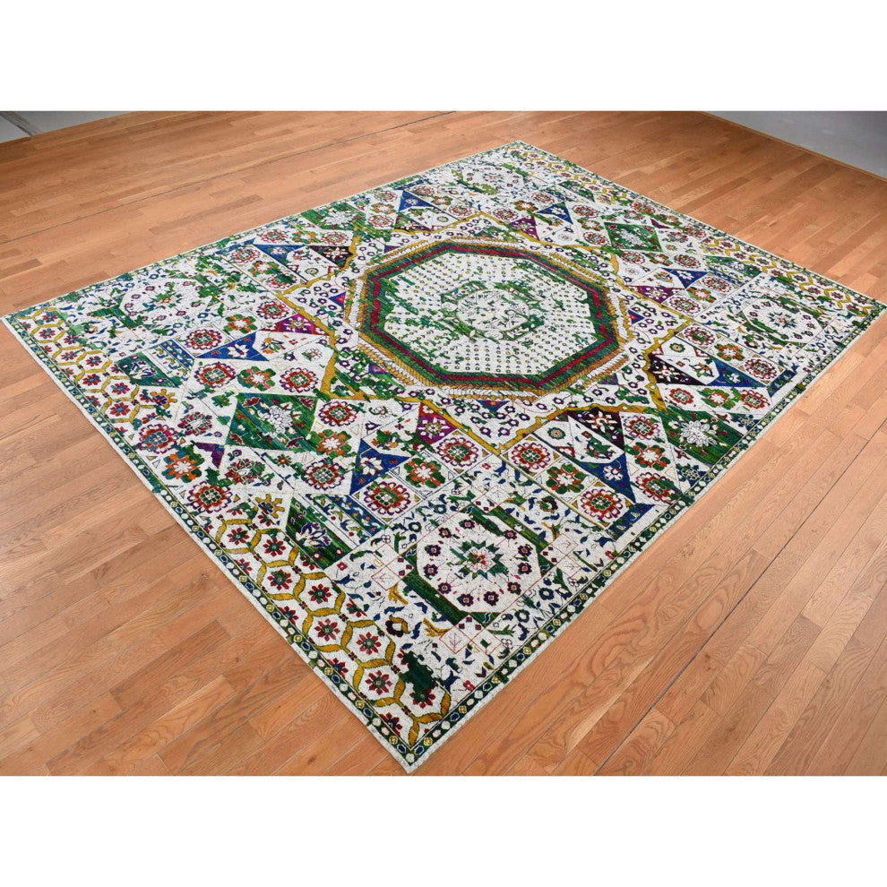 Ivory Sari Silk Colorful Mamluk Design Hand Knotted Oriental Rug 9'x12'1"