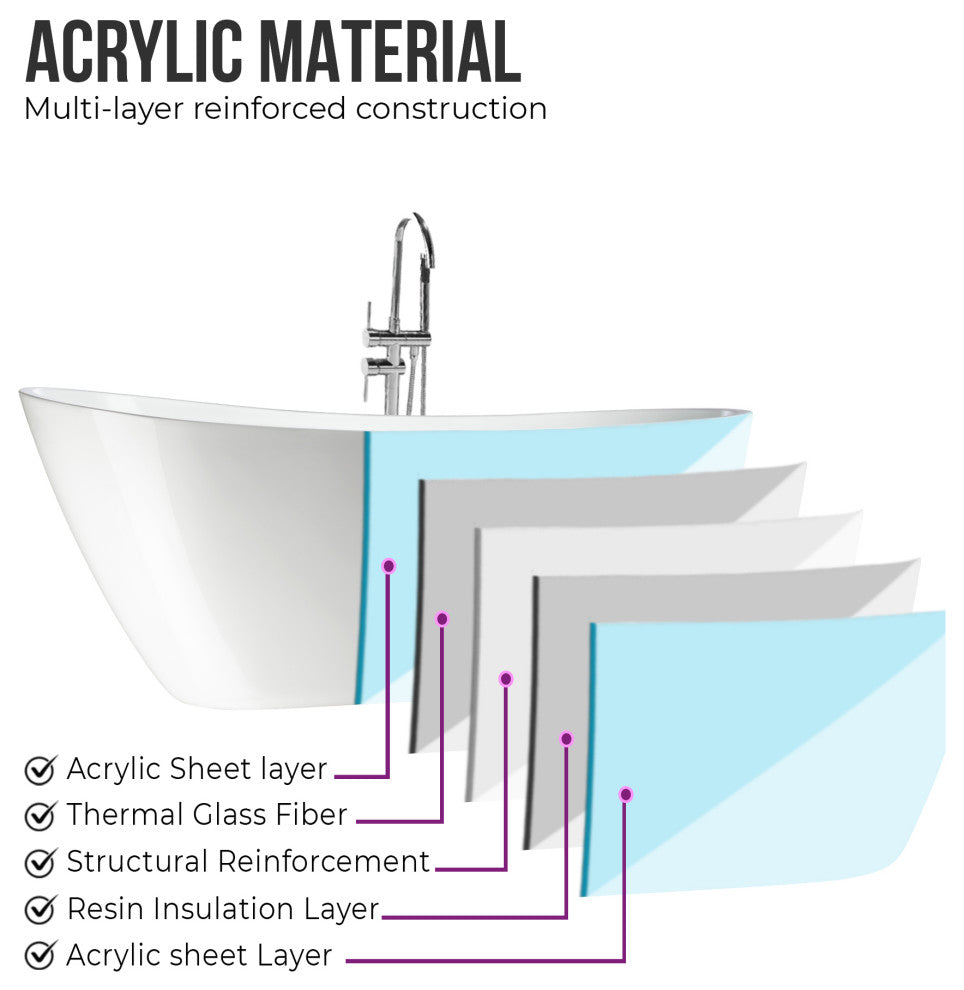 55" Freestanding Acrylic Bathtub, White/Polished Chrome