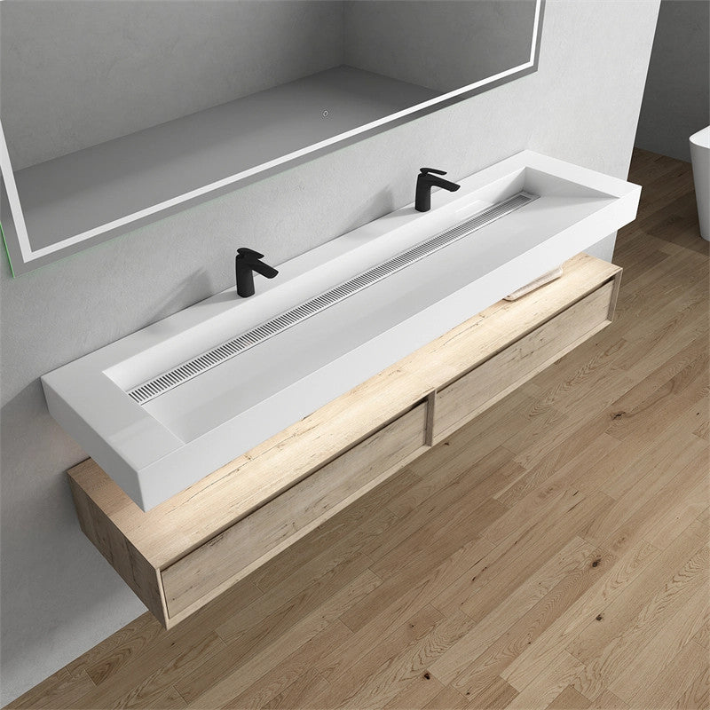 Alysa 84'' Floating Vanity, Acrylic Sink, Double Faucet Hole, Light White Oak