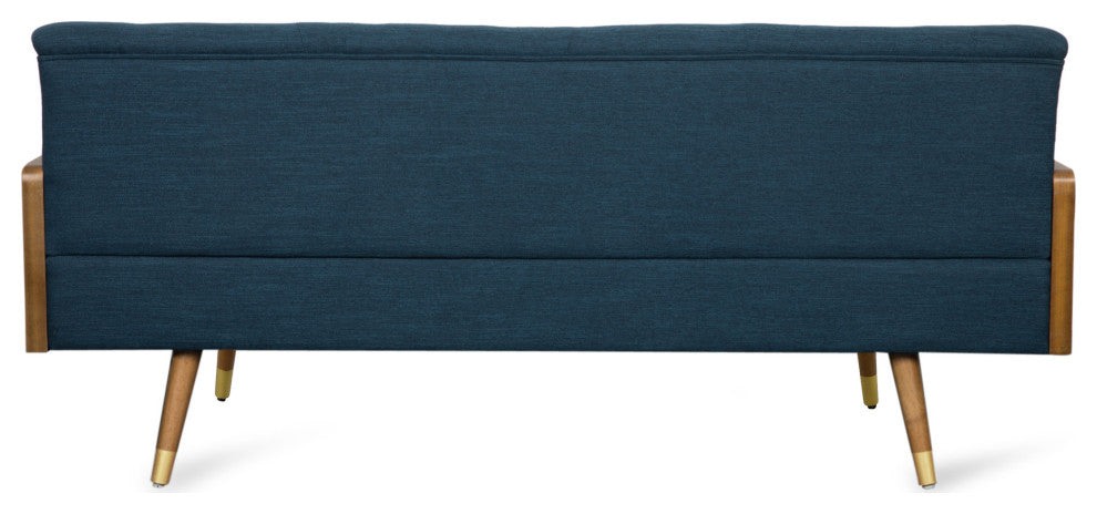GDF Studio Aidan Mid Century Modern Tufted Fabric Sofa, Navy Blue/Dark Walnut
