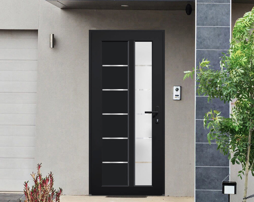 Front Exterior Prehung Door Frosted Glass / Manux 8088 Black, 36" X 80"; Left in