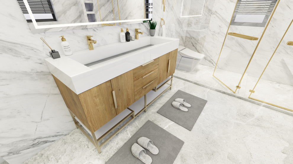 Madison 60" Free Standing Double Sink Vanity with Reinforced Acrylic Sink, Oak