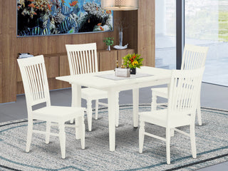 5Pc Dinette Set 4 Wood Dining Chairs, Butterfly Leaf Table, Linen White