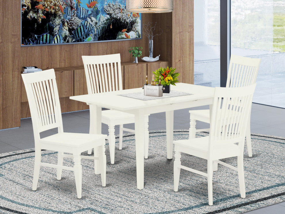 5Pc Dinette Set 4 Wood Dining Chairs, Butterfly Leaf Table, Linen White