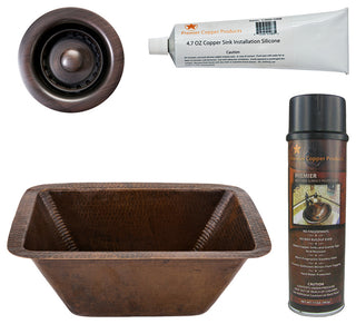 17" Rectangle Copper Bar Sink, 2" Drain Opening, Drain & Accessories