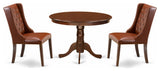 3Pc Kitchen Set, 1 Pedestal Table, 2 Brown Upholstered Chairs, Mahogany Finish