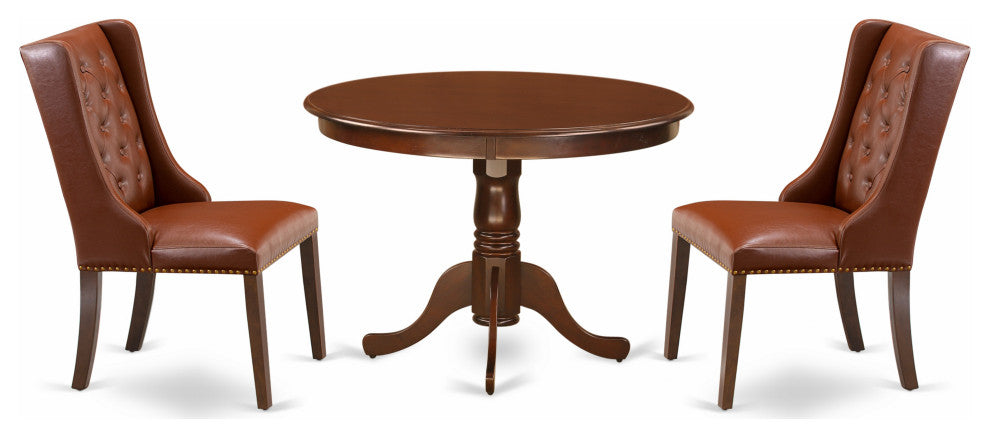 3Pc Kitchen Set, 1 Pedestal Table, 2 Brown Upholstered Chairs, Mahogany Finish